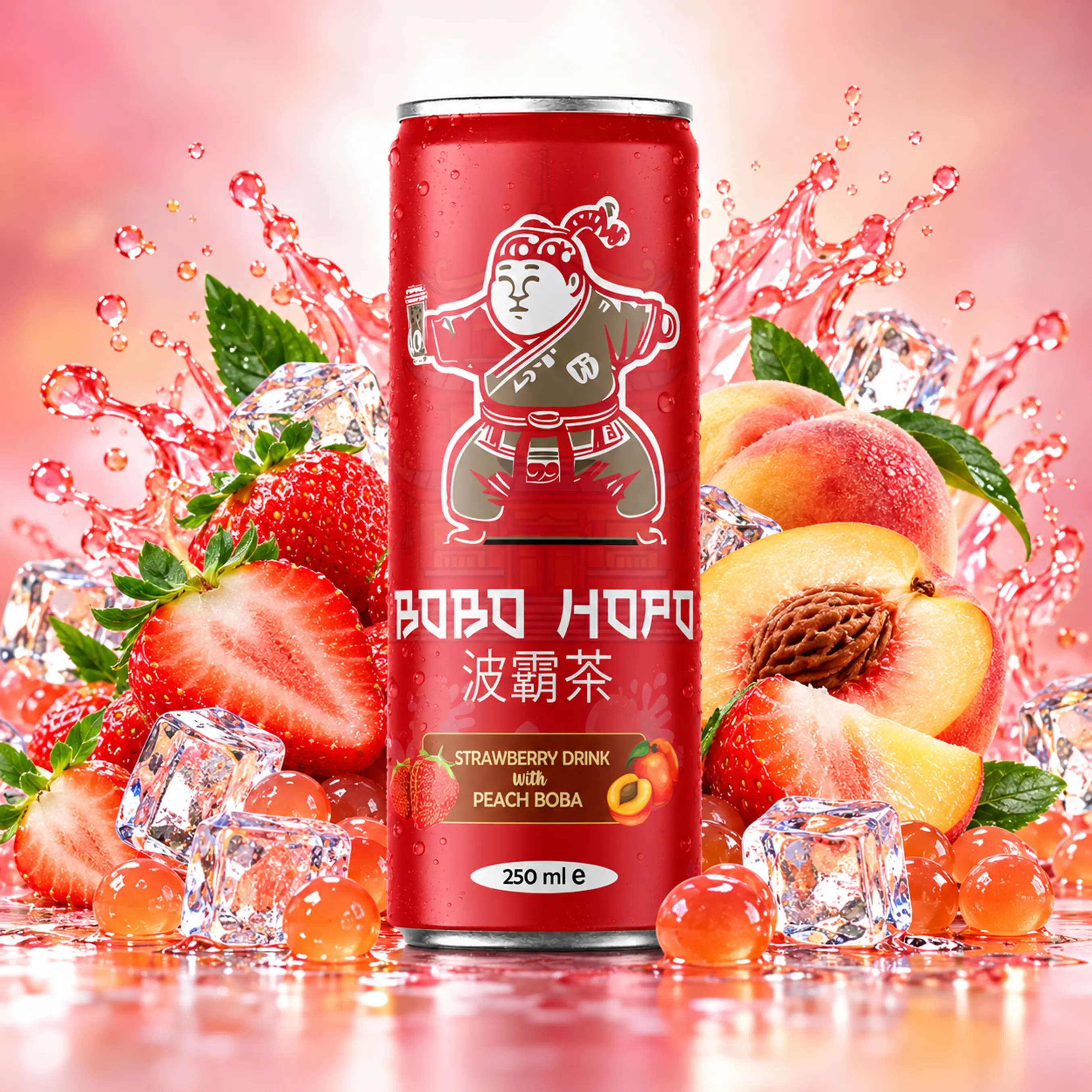 Bobo Hopo 250 ml strawberry drink with peach boba, fresh strawberries, peaches, ice cubes and pink splash.